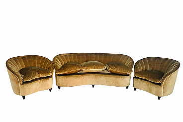 Sofa and pair of velvet armchairs, Gio Ponti style, 1940s