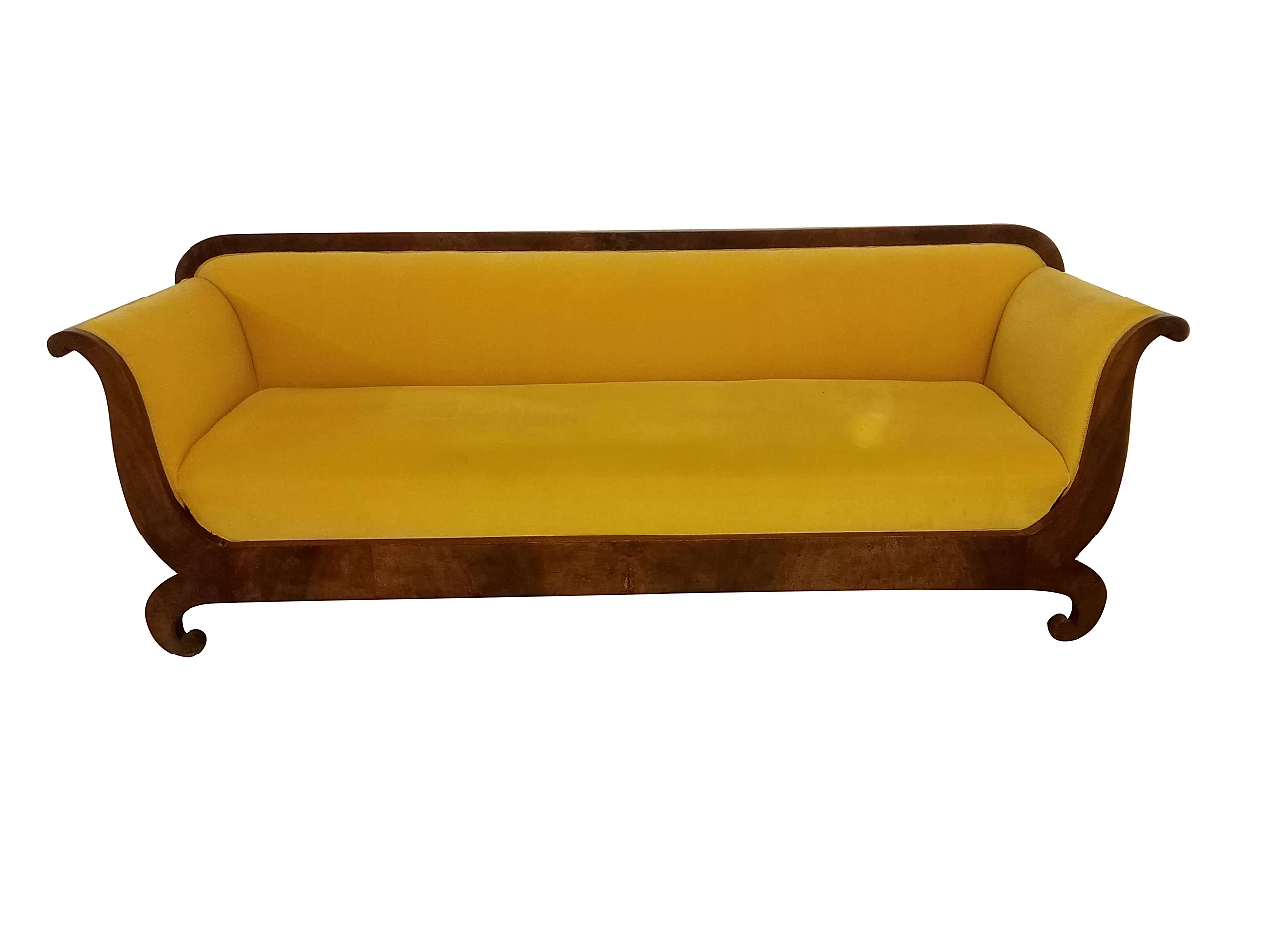 Divano a barca in legno di noce ricoperto in tessuto giallo, primi '800 1096042