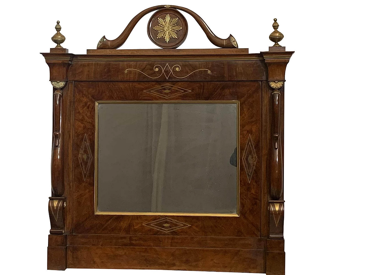 Specchiera da camino in noce Impero Carlo X intarsiata in ottone, 1810 1096320