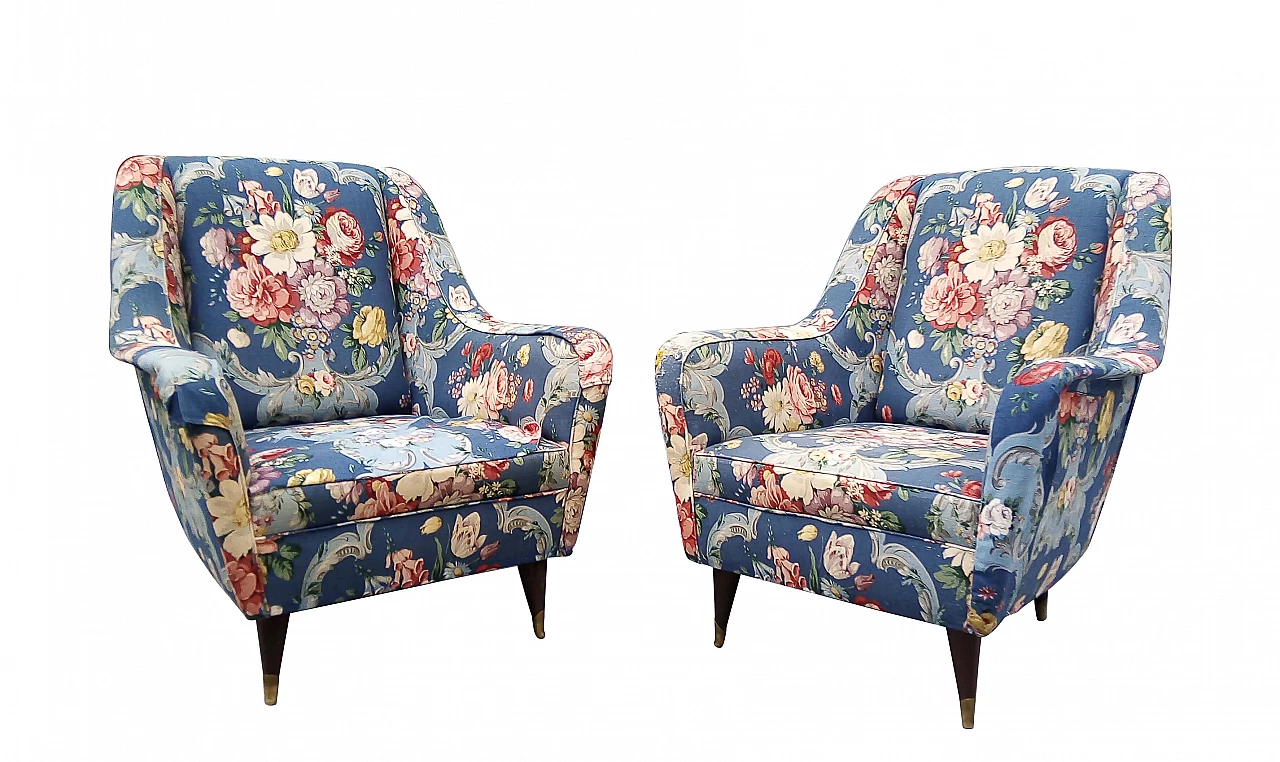 Pair of armchairs with floral fabric, 60s 1098502