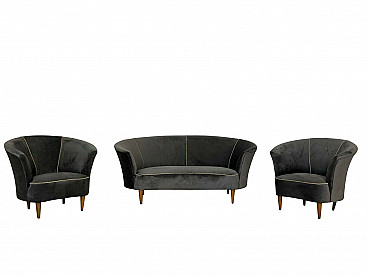 Sofa and two velvet armchairs set, Gio Ponti, 50s