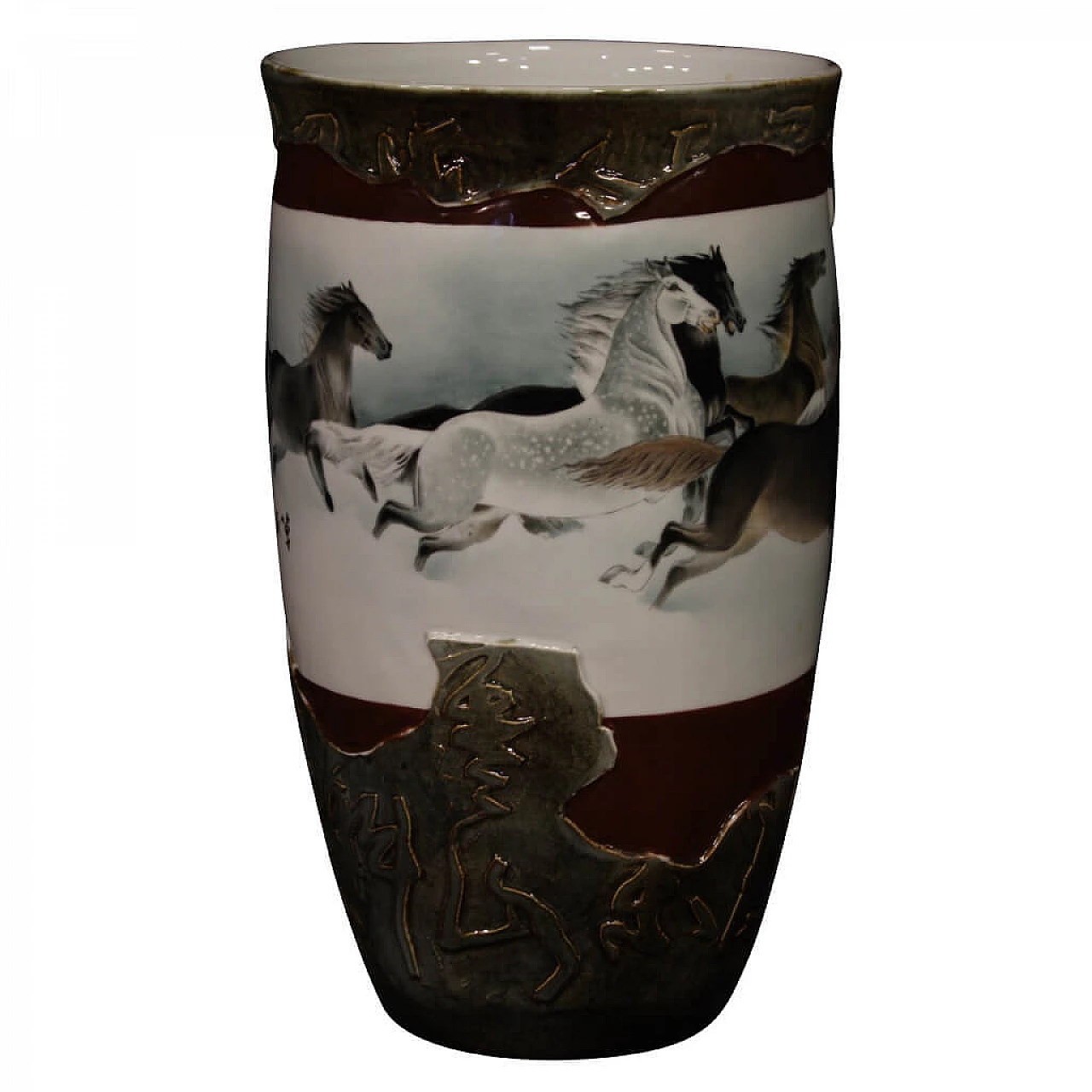 Vaso cinese in ceramica dipinta con cavalli 1098961