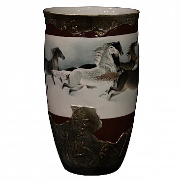 Vaso cinese in ceramica dipinta con cavalli