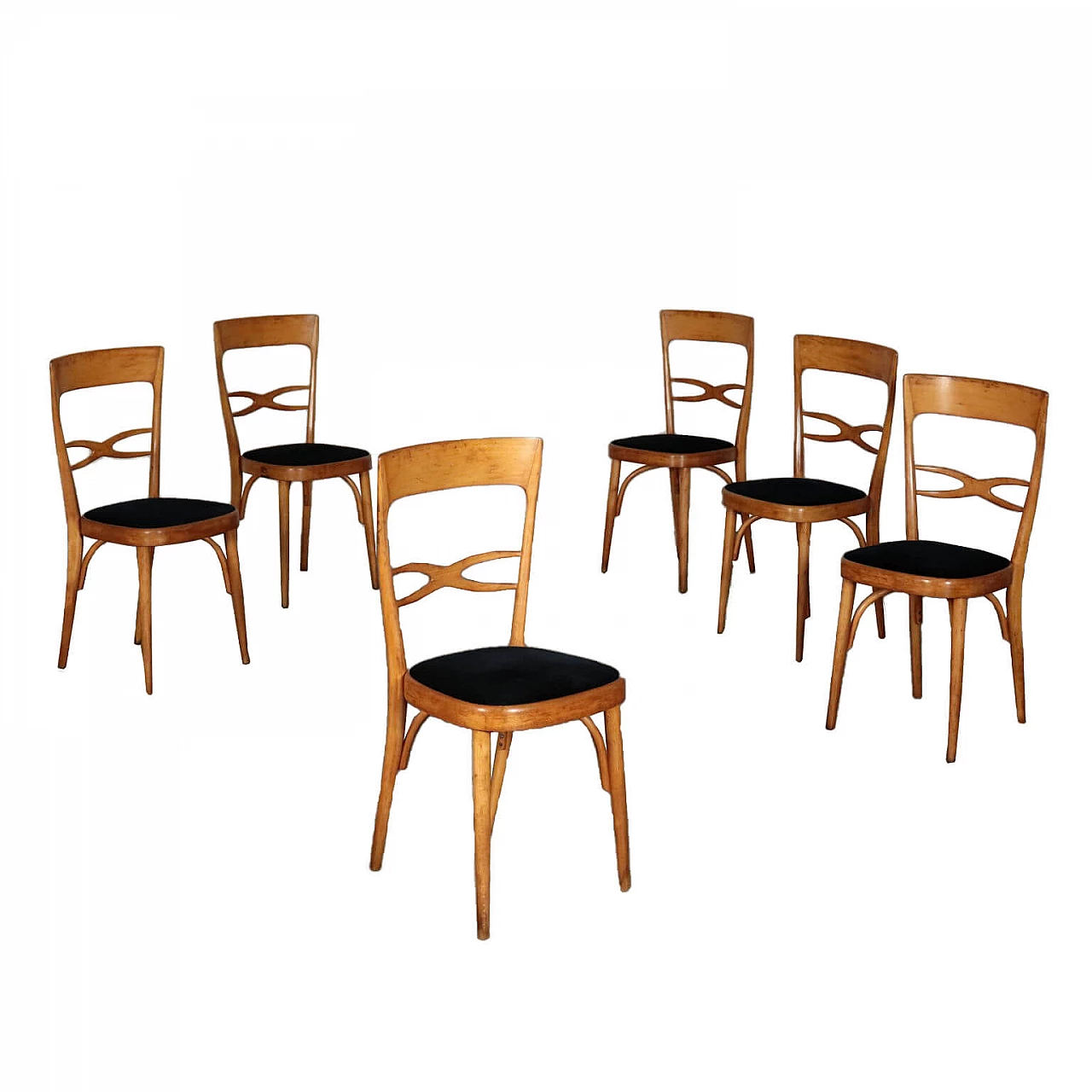 6 beech and velvet dining chairs, 1950s 1099779