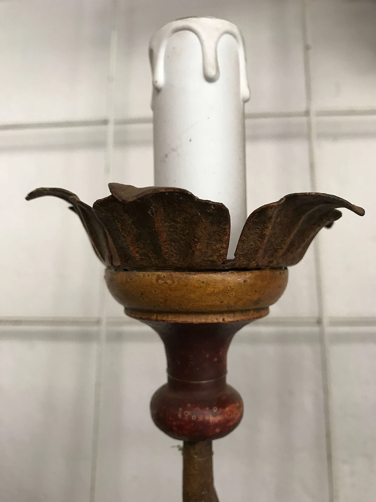 Iron wall sconce with hand turned wooden spools 1101655