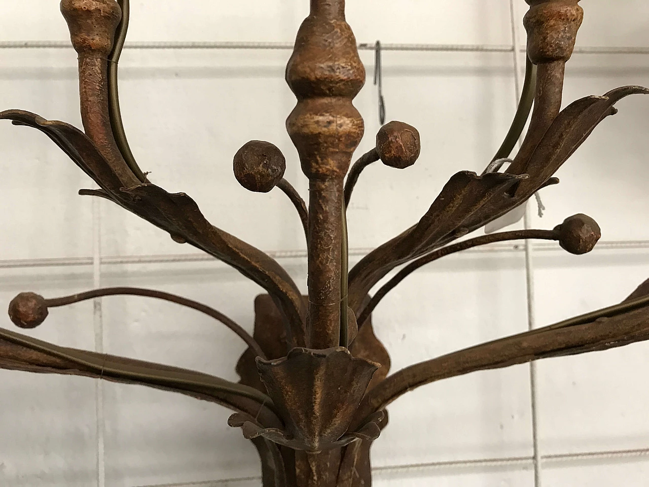 Iron wall sconce with hand turned wooden spools 1101657