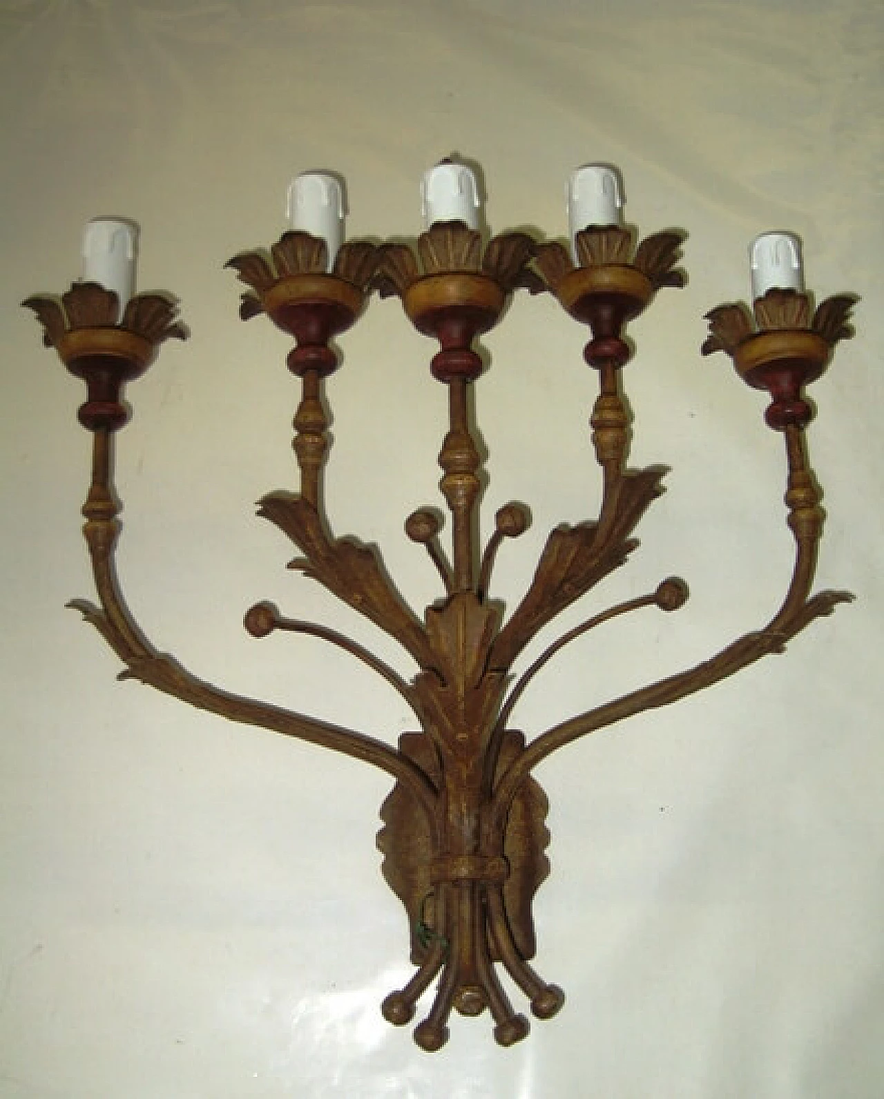 Iron wall sconce with hand turned wooden spools 1101659