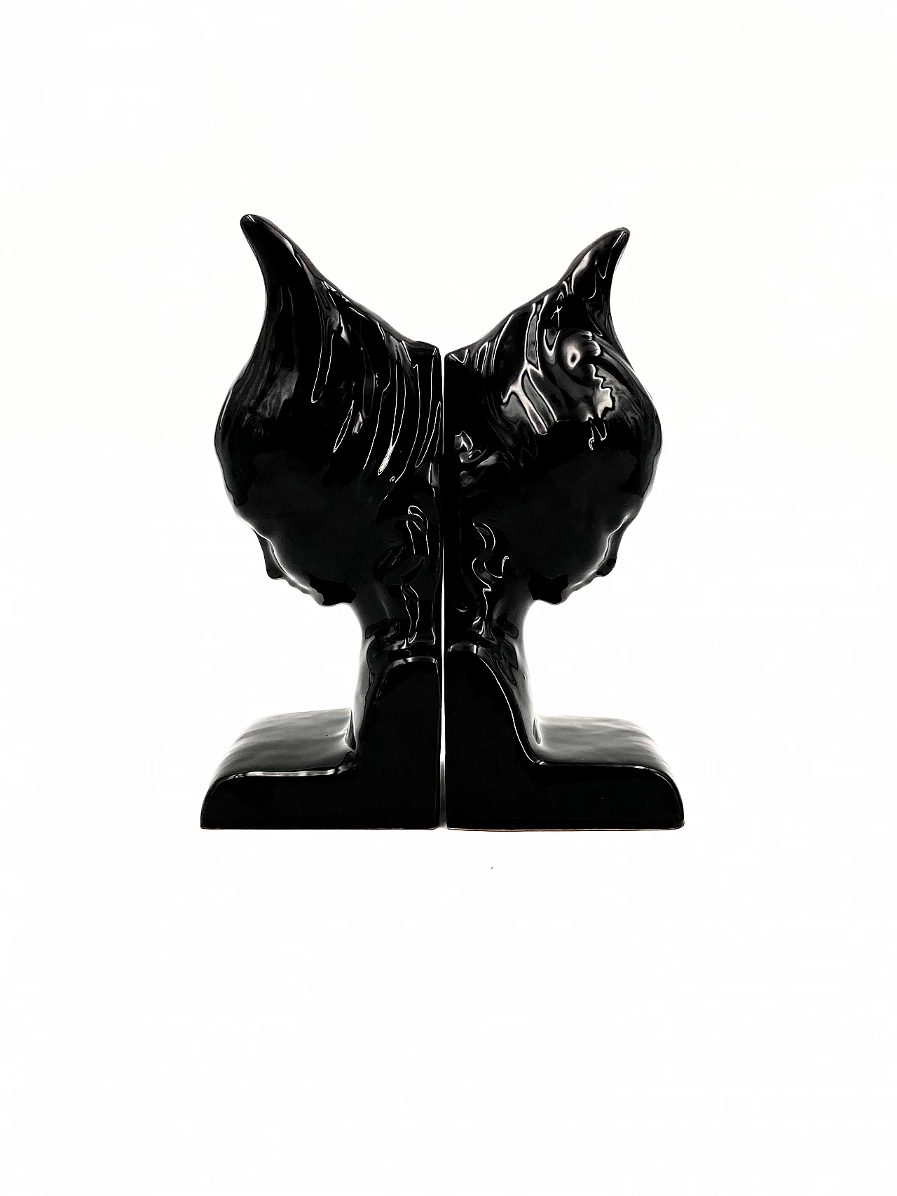 Coppia di fermalibri Art Déco in ceramica smaltata nero di Angelo Minghetti, anni '20 1102264