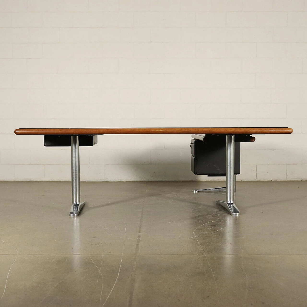 Desk in wood and leather, 80s 1103781