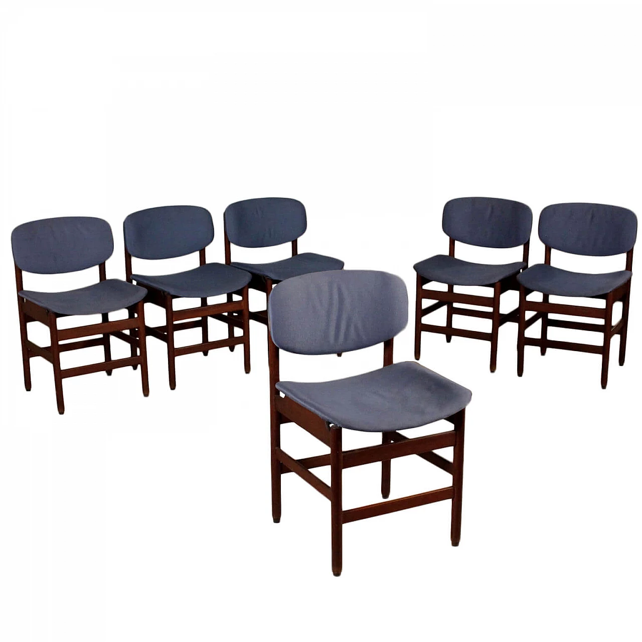 6 Teak chairs and blue upholstery, 1960s 1103839