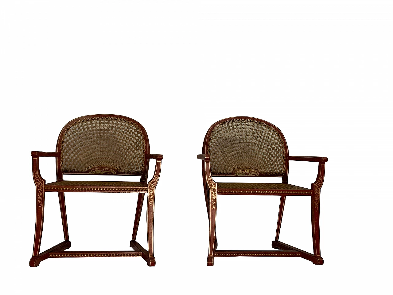 Pair of red lacquered armchairs with chinoiserie and straw seat, 1930s 1103982