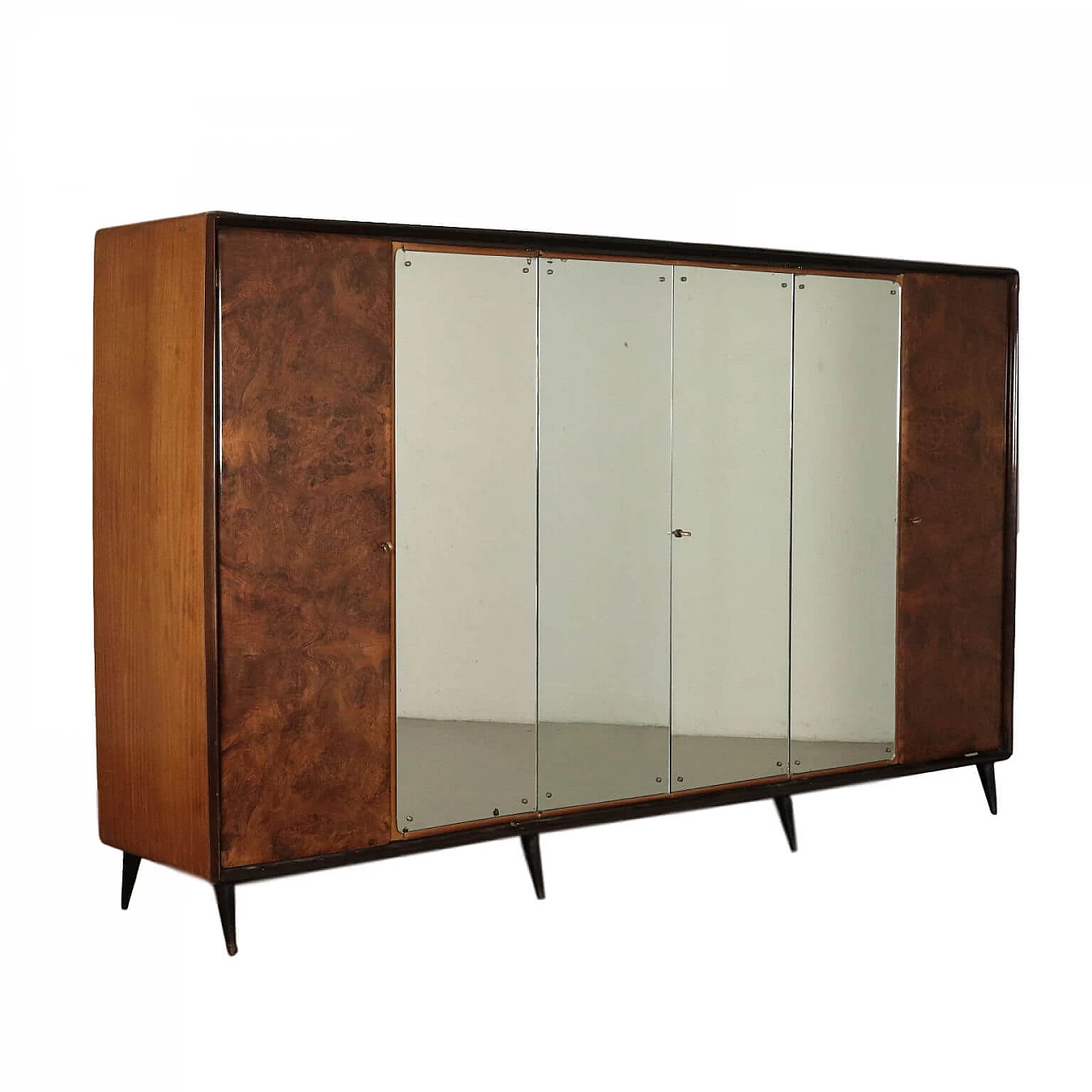 Armadio a 6 ante in radica e con specchi, anni '50 1104488