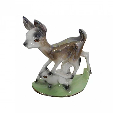 Small hand painted ceramic statue with deer and rabbit, Germany, 50s