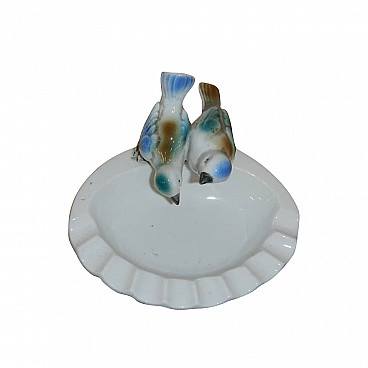 Ceramic ashtray in white ceramic with two painted birds, Germany, 50s