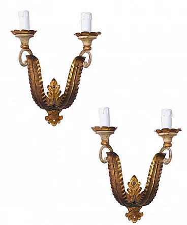 Pair of metal wall sconces with golden imperial style leaves, 20th century