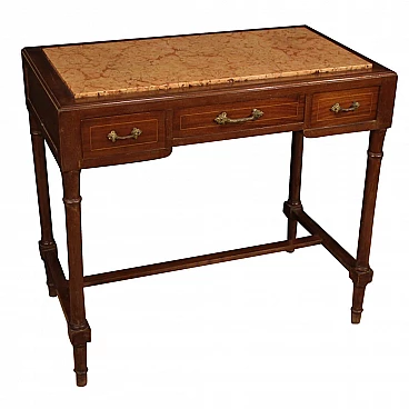 Italian desk inlaid in mahogany and maple with marble top