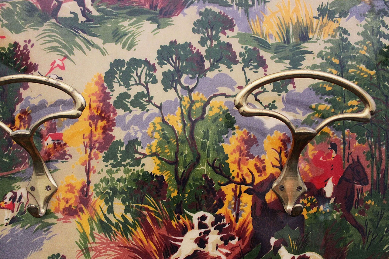 Teak wall clothes hanger with hunting scene, Italy, 50s 1106383