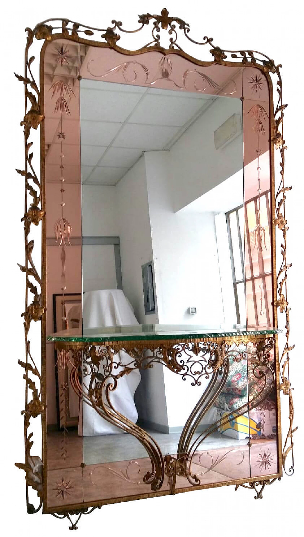 Grande specchiera con consolle, anni '50 1106464