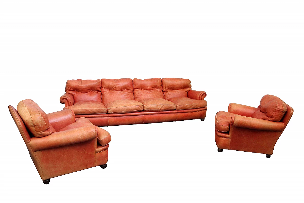 Set da salotto Poltrona Frau modello Dream in pelle arancio, anni 70 1106476