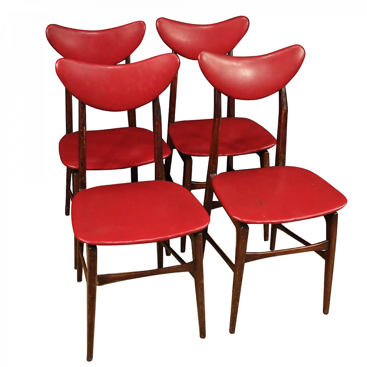 4 sedie in legno e skai rosso, anni '70 1107270