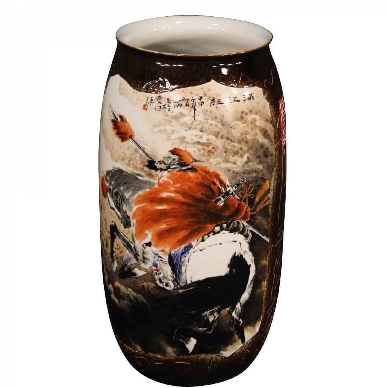 Vaso cinese in ceramica dipinta con guerriero a cavallo 1107544