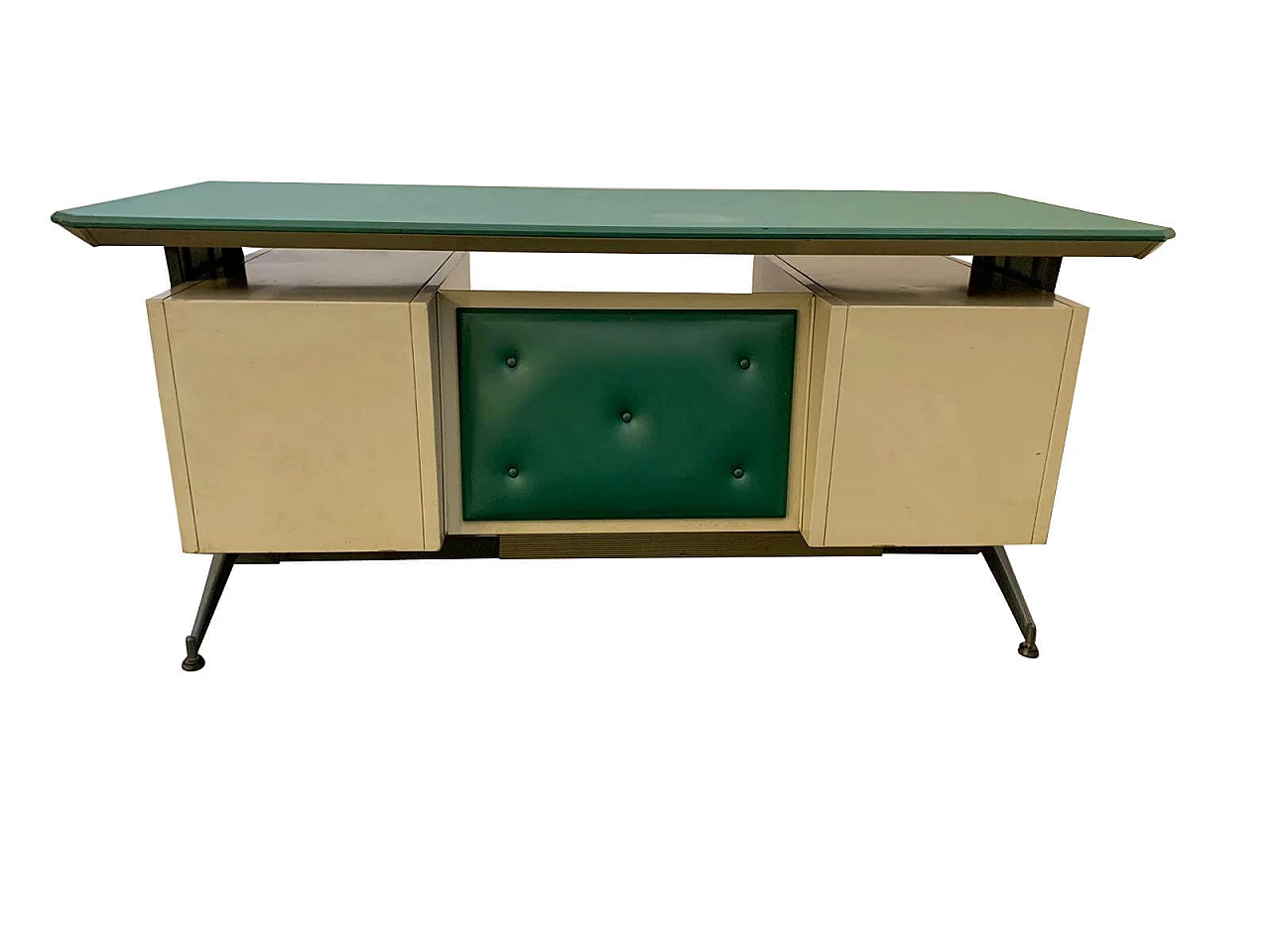 Scrivania industriale da centro in metallo con piano verde, anni 50 1108328