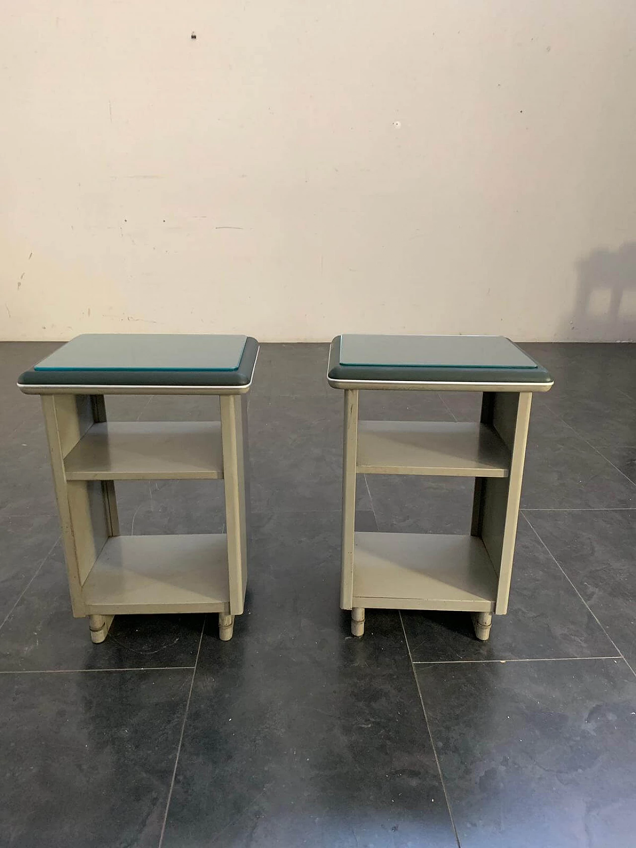 Pair of green leatherette, glass and metal cabinets, Gabicce Mare, Italy, 60s 1108345