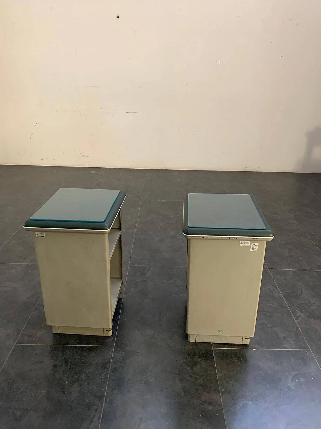 Pair of green leatherette, glass and metal cabinets, Gabicce Mare, Italy, 60s 1108347