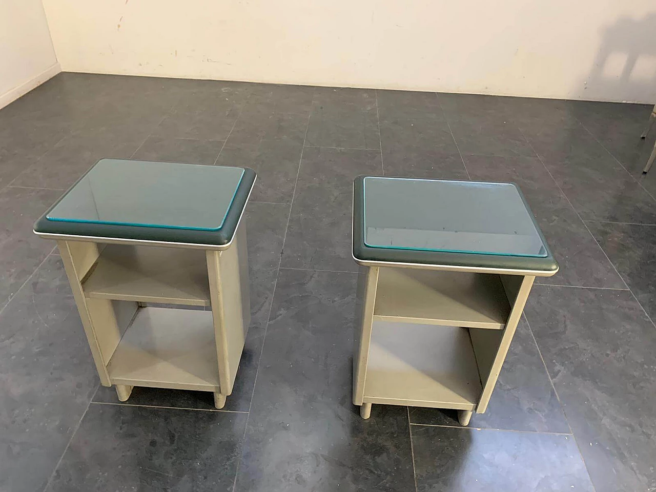 Pair of green leatherette, glass and metal cabinets, Gabicce Mare, Italy, 60s 1108350