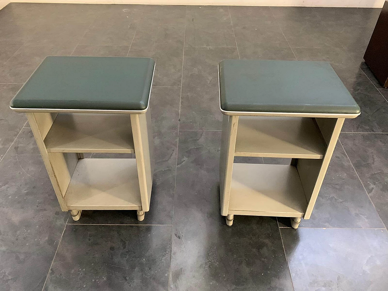 Pair of green leatherette, glass and metal cabinets, Gabicce Mare, Italy, 60s 1108351