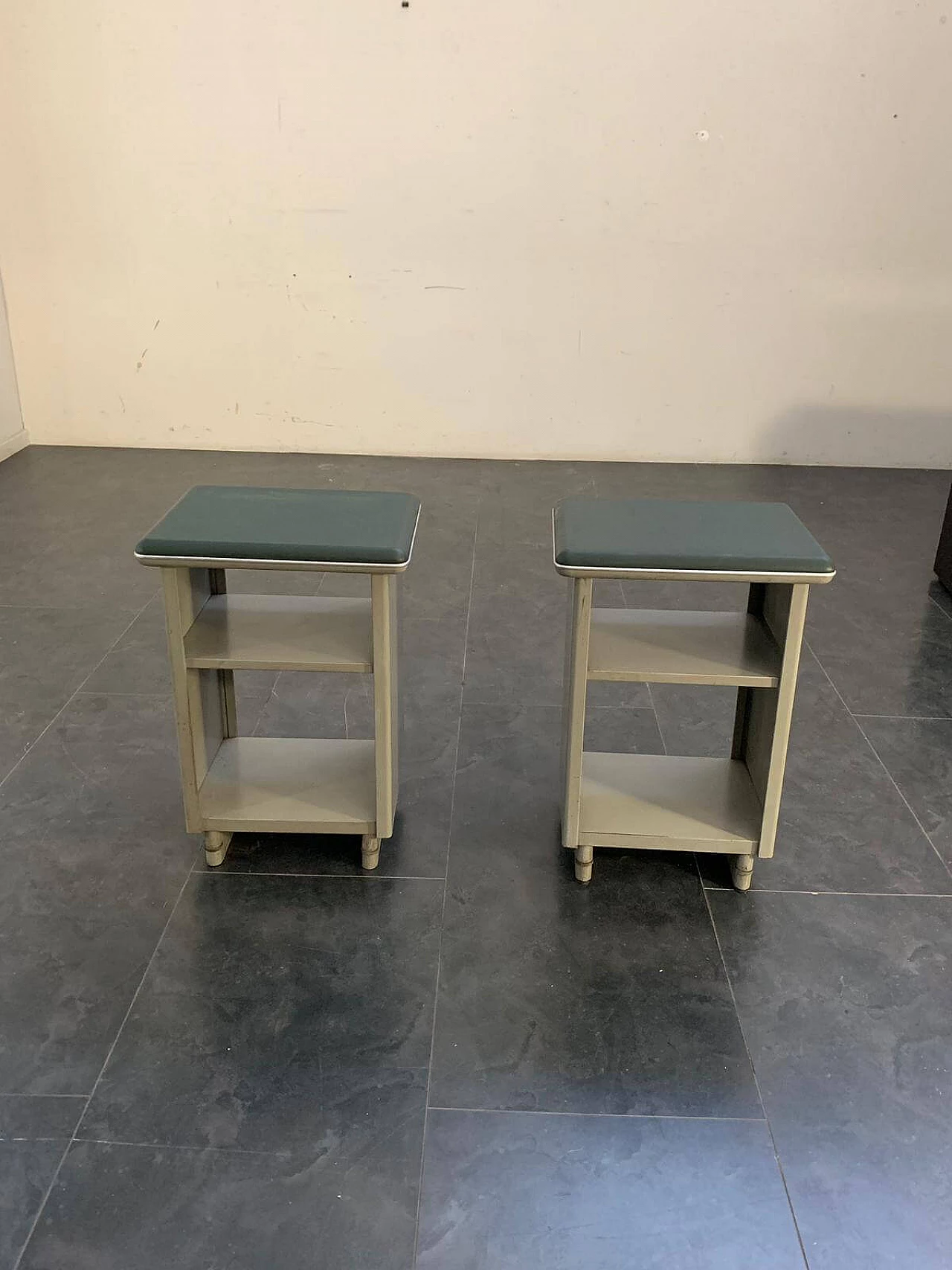 Pair of green leatherette, glass and metal cabinets, Gabicce Mare, Italy, 60s 1108352