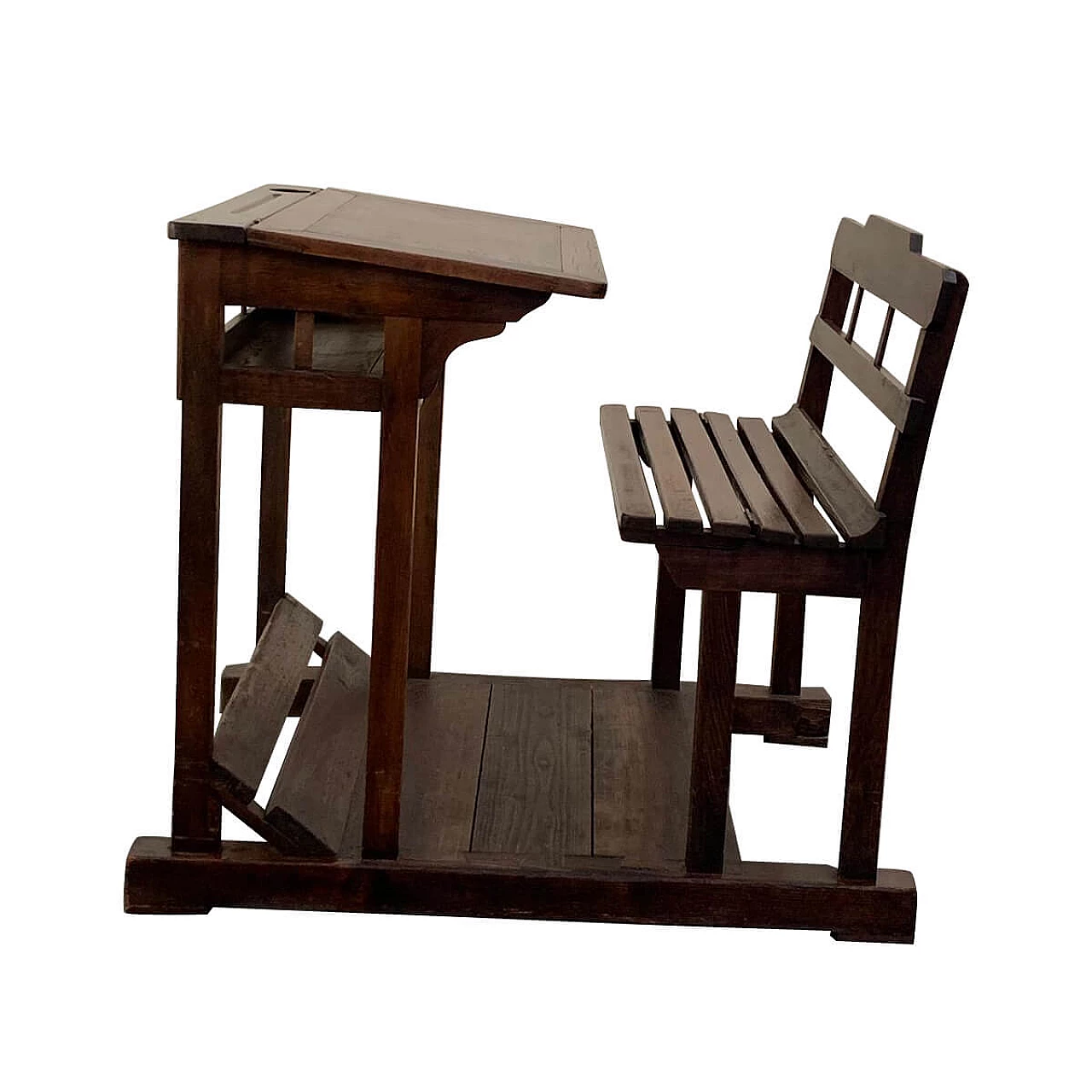 Banco di scuola in legno con seduta a stecche, Italia, primi '900 1108377