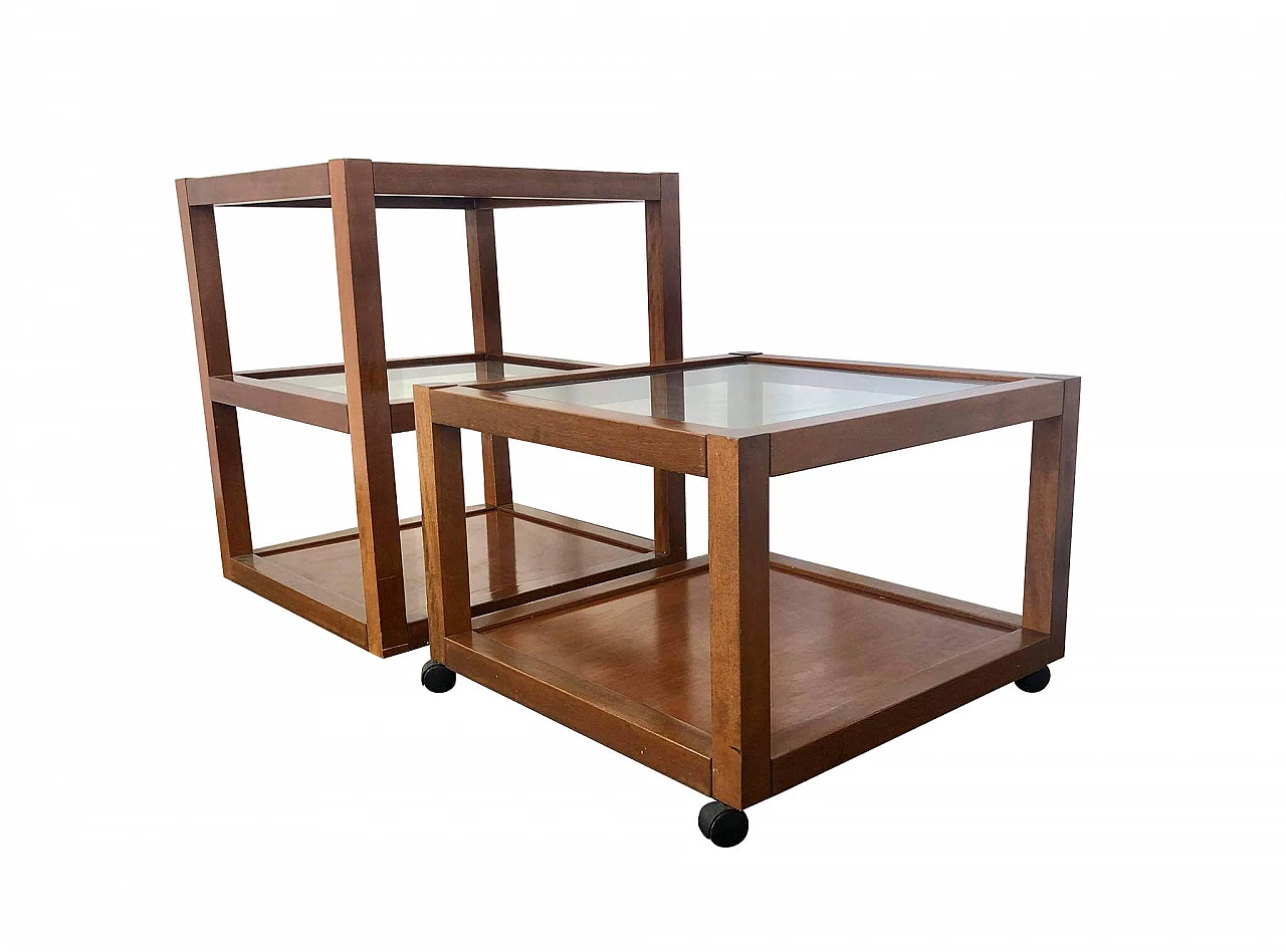 2 Cherry wood and glass side tables, 70's 1109598