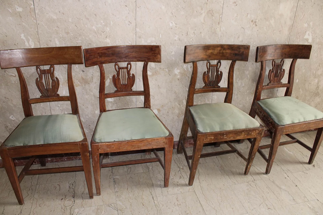 Set di 4 sedie Impero in noce con seduta in tessuto verde, Toscana, '800 1109610