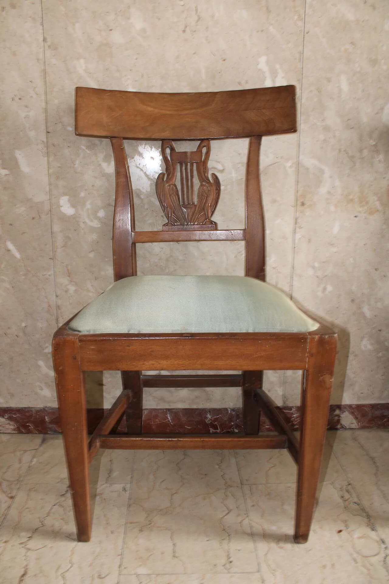 Set of 4 Imperial chairs, walnut with green silk seat, Tuscany, 19th century 1109611