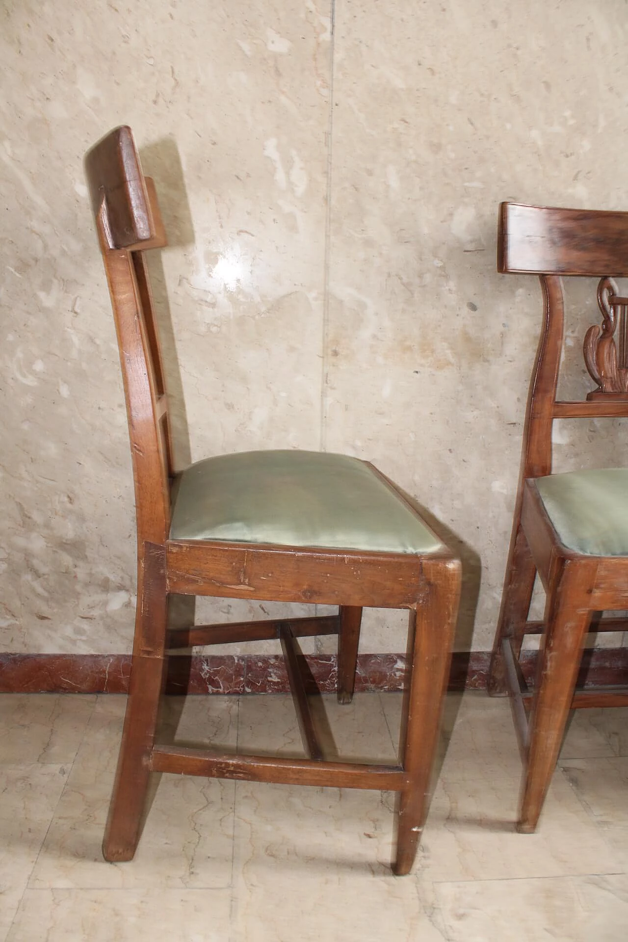 Set of 4 Imperial chairs, walnut with green silk seat, Tuscany, 19th century 1109614