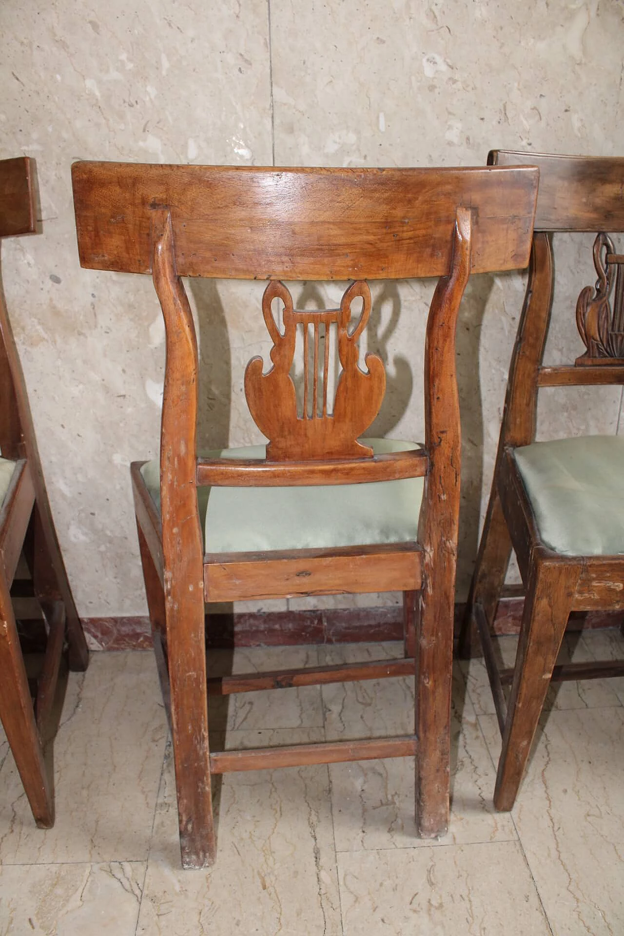 Set of 4 Imperial chairs, walnut with green silk seat, Tuscany, 19th century 1109617