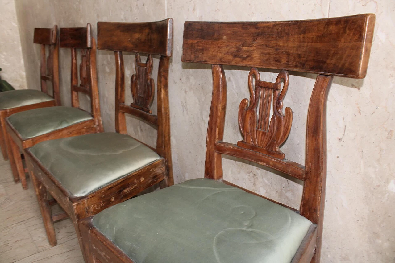 Set di 4 sedie Impero in noce con seduta in tessuto verde, Toscana, '800 1109618
