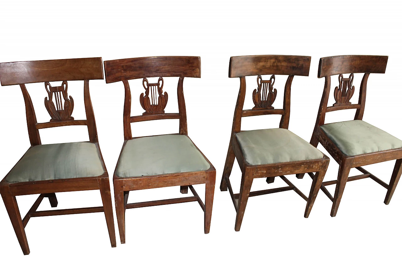 Set of 4 Imperial chairs, walnut with green silk seat, Tuscany, 19th century 1110867