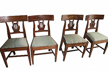Set of 4 Imperial chairs, walnut with green silk seat, Tuscany, 19th century