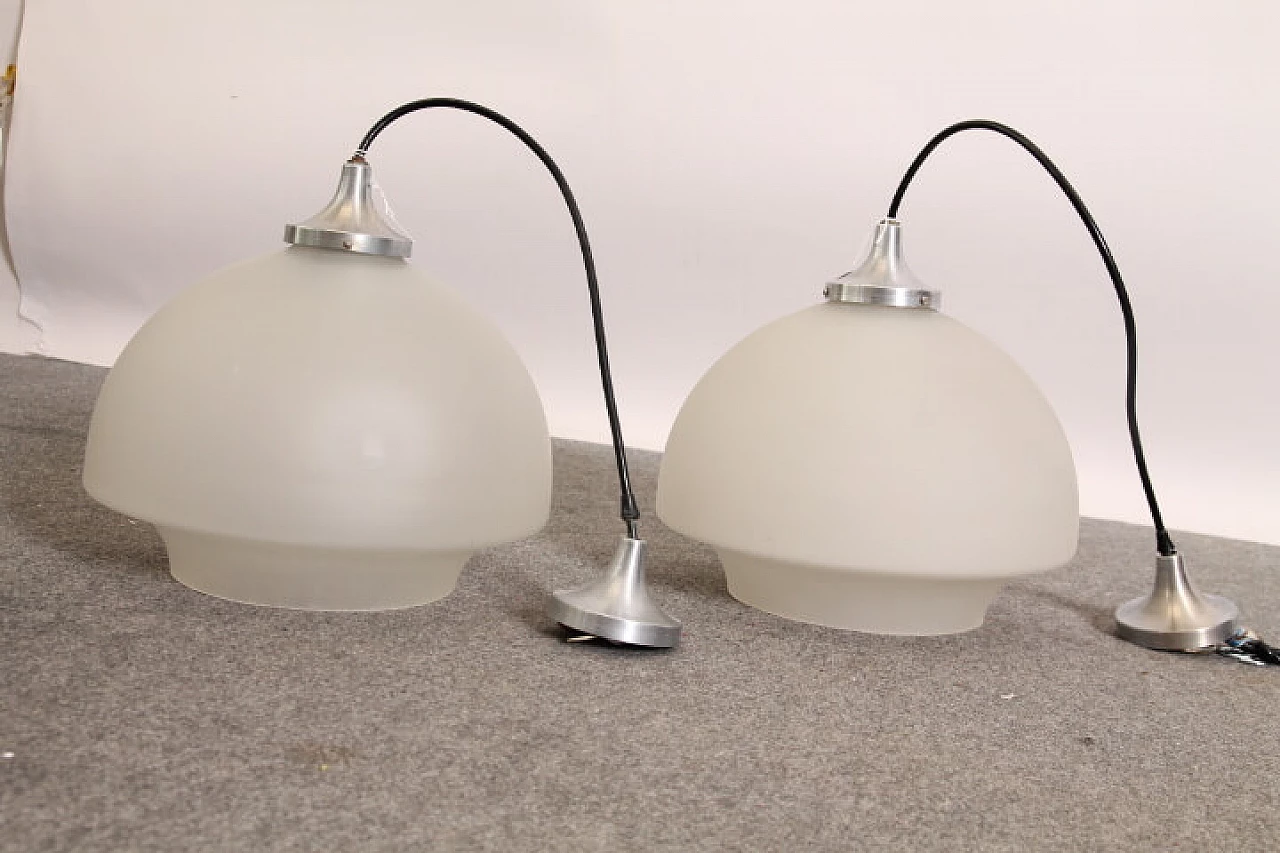 Pair of glass and steel pendant lamps, 1970s 1111201