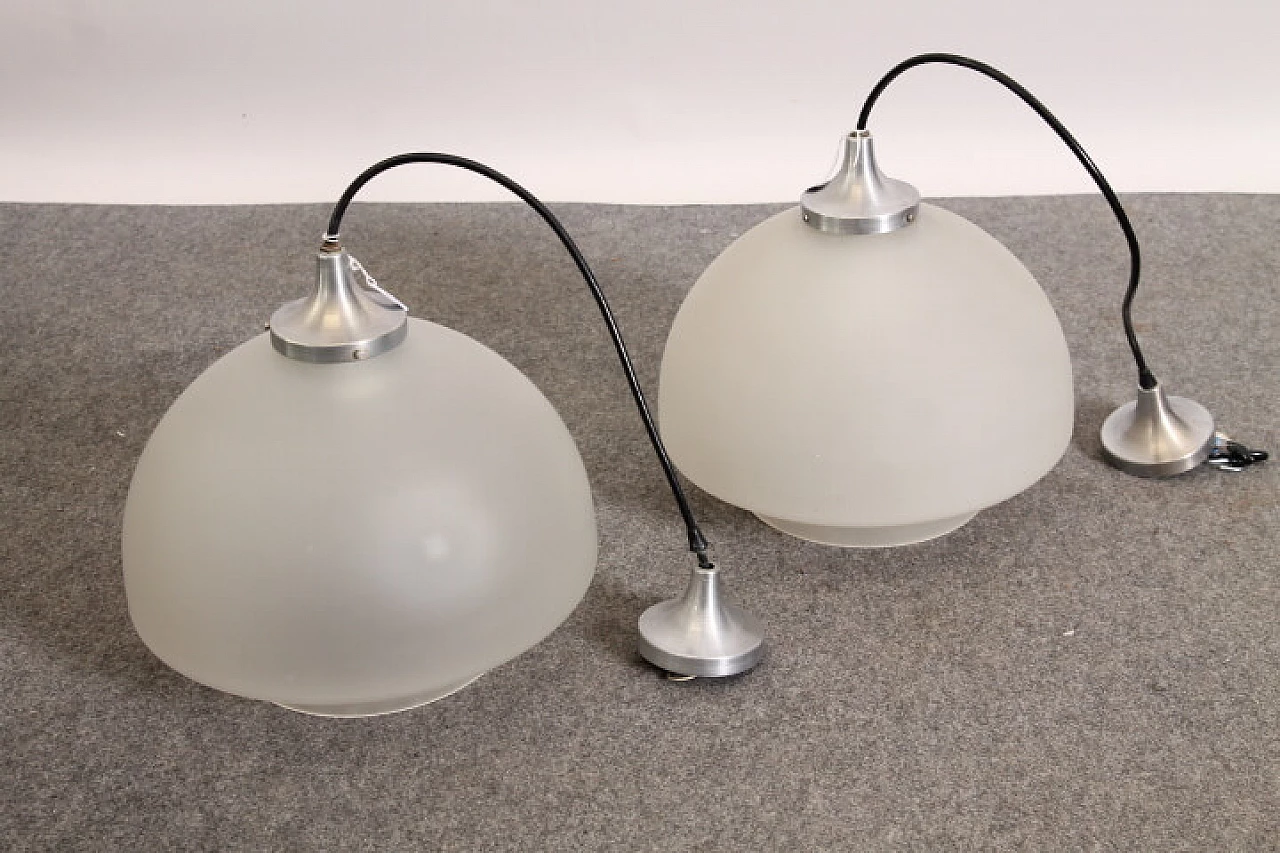 Pair of glass and steel pendant lamps, 1970s 1111202