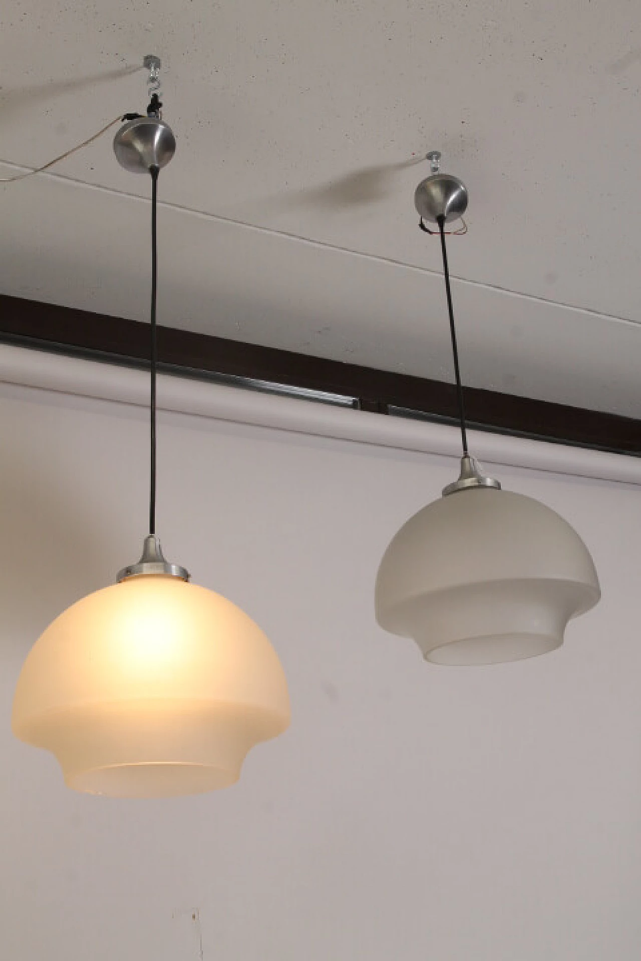 Pair of glass and steel pendant lamps, 1970s 1111205