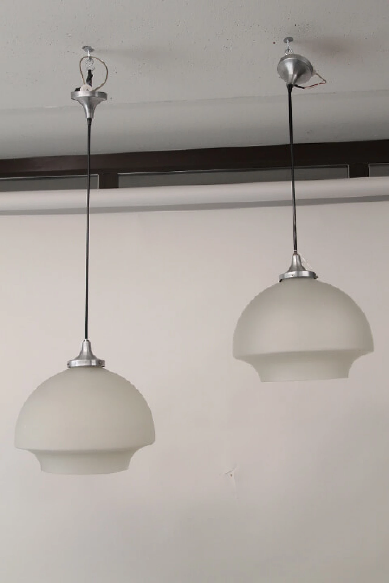 Pair of glass and steel pendant lamps, 1970s 1111207