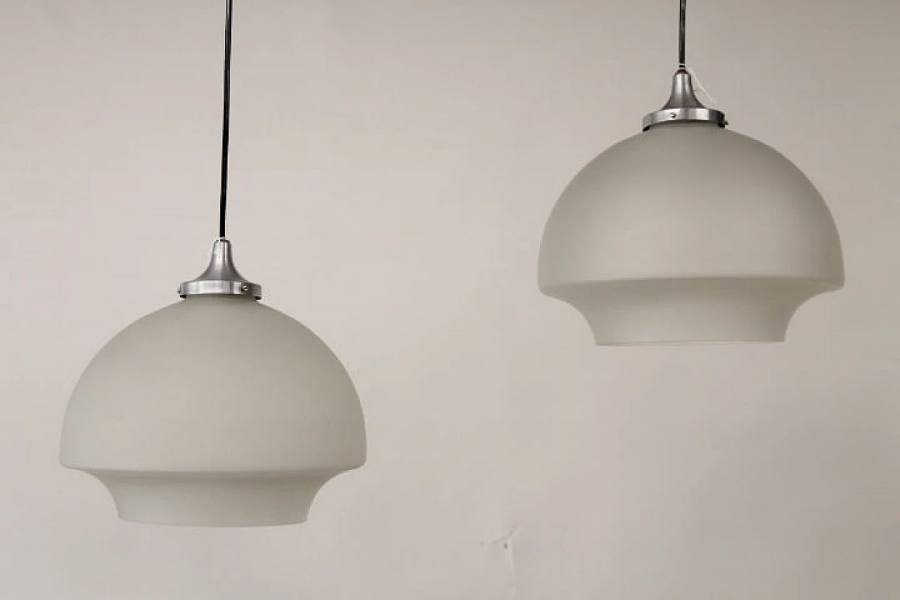 Pair of glass and steel pendant lamps, 1970s 1111208