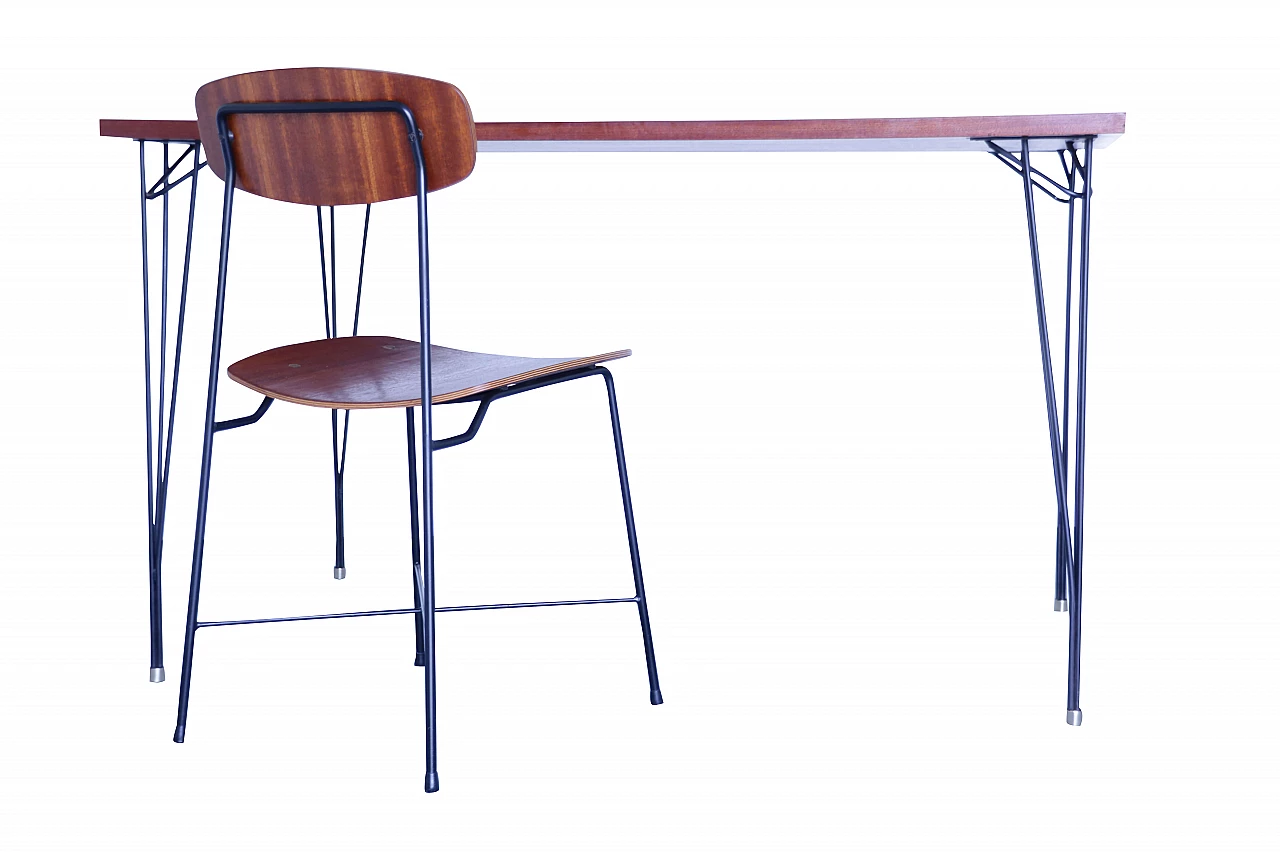 Mahogany and metal desk with Georges Coslin teak chair, 70s 1111353