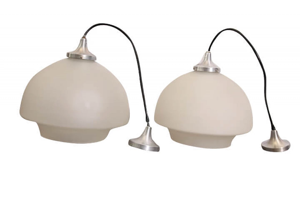 Pair of glass and steel pendant lamps, 1970s 1111386