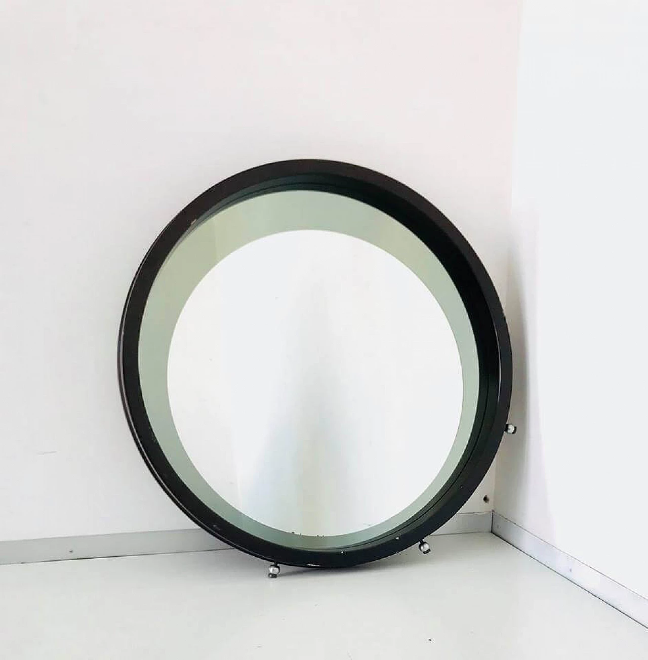 Specchio tondo da parete in legno, anni '70 1112403