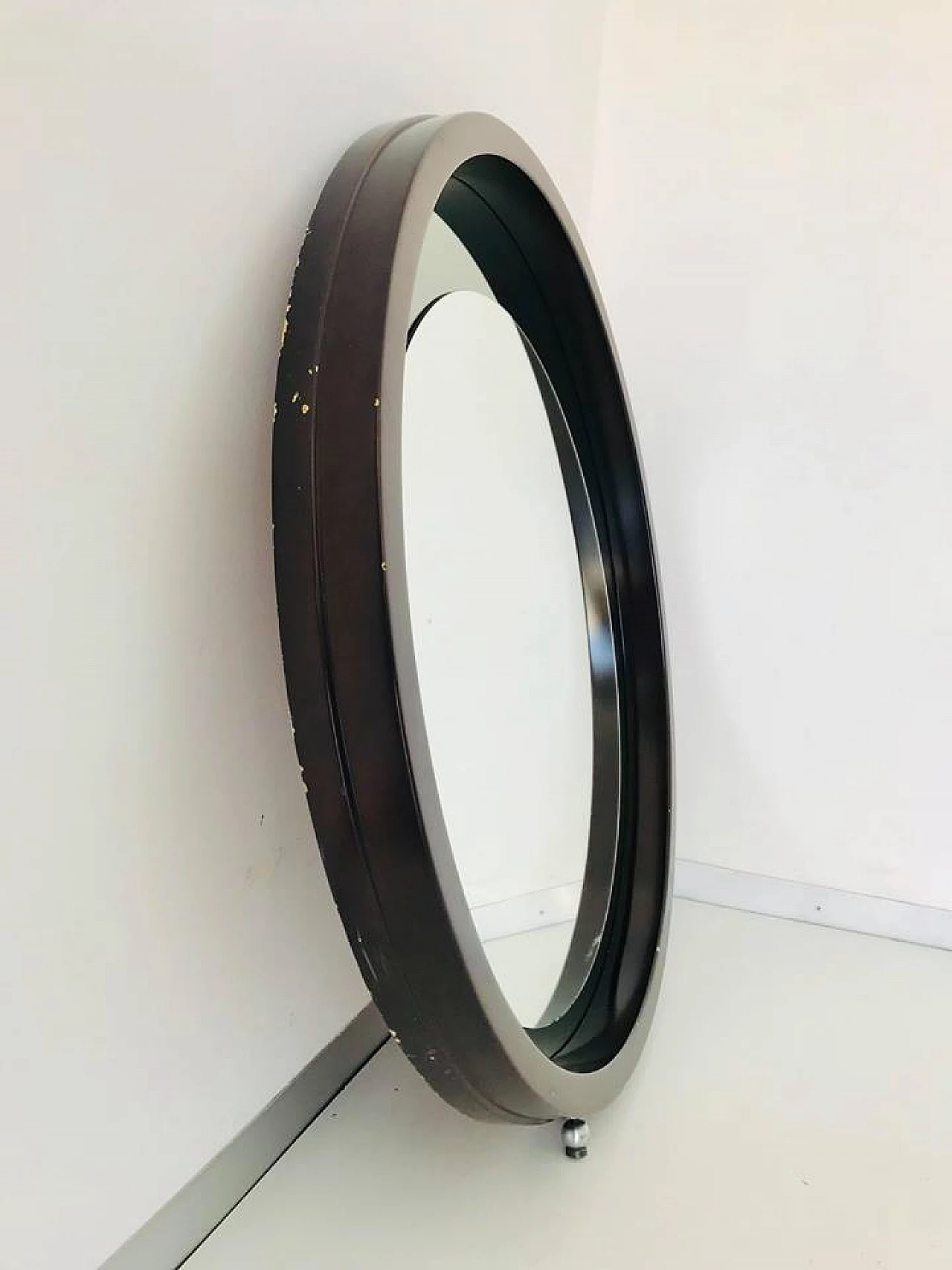 Specchio tondo da parete in legno, anni '70 1112407