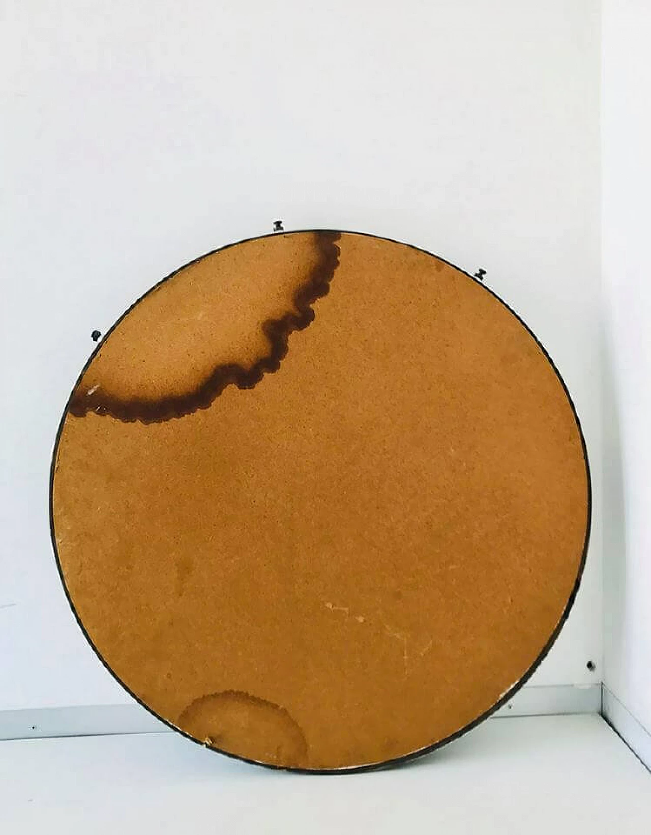 Specchio tondo da parete in legno, anni '70 1112411